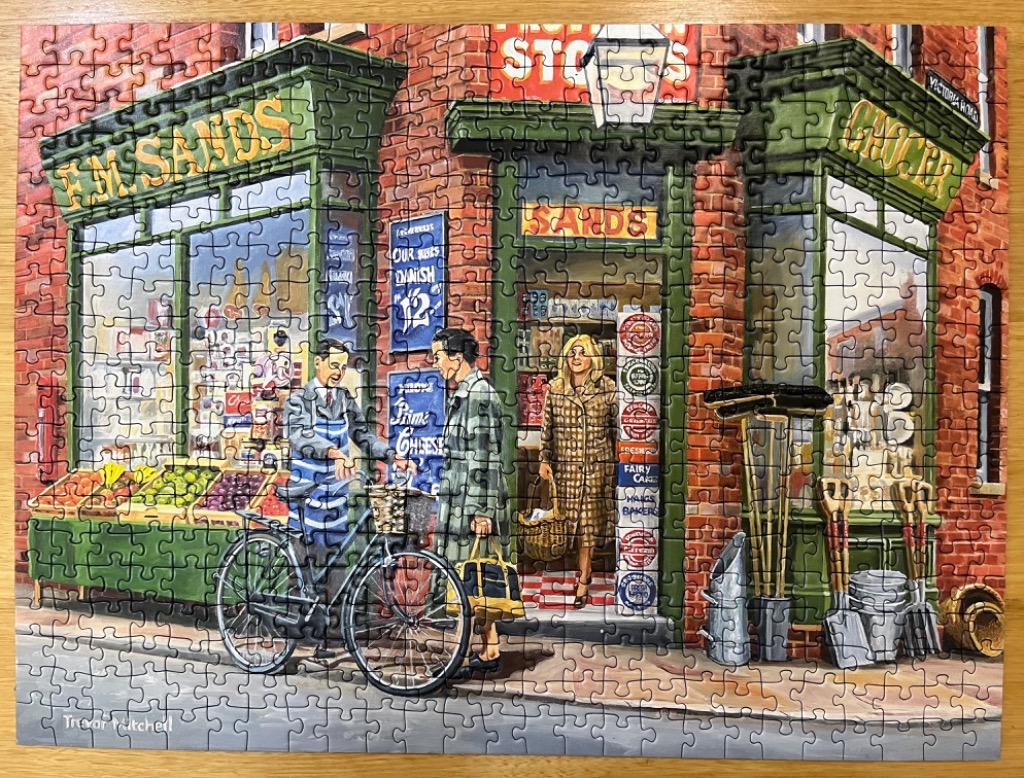 Illustration of a nostalgic British corner grocery store with a shopkeeper talking to a customer outside.