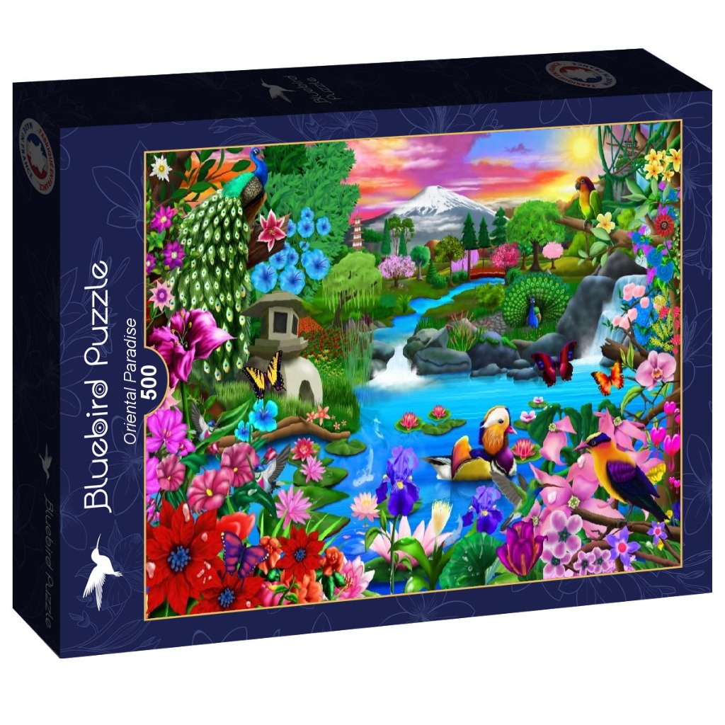 A vibrant fantasy illustration of an oriental landscape with a mountain, waterfalls, and diverse birds and flowers.