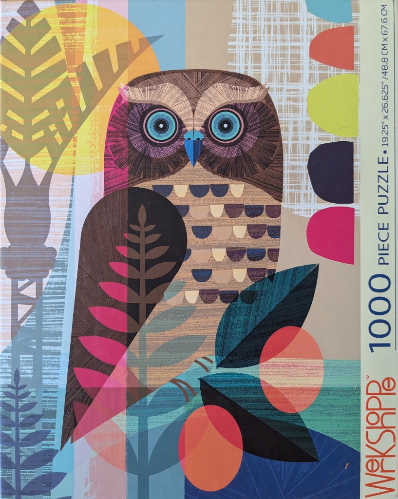 Stylized owl illustration with geometric shapes and a warm, mid-century modern aesthetic.