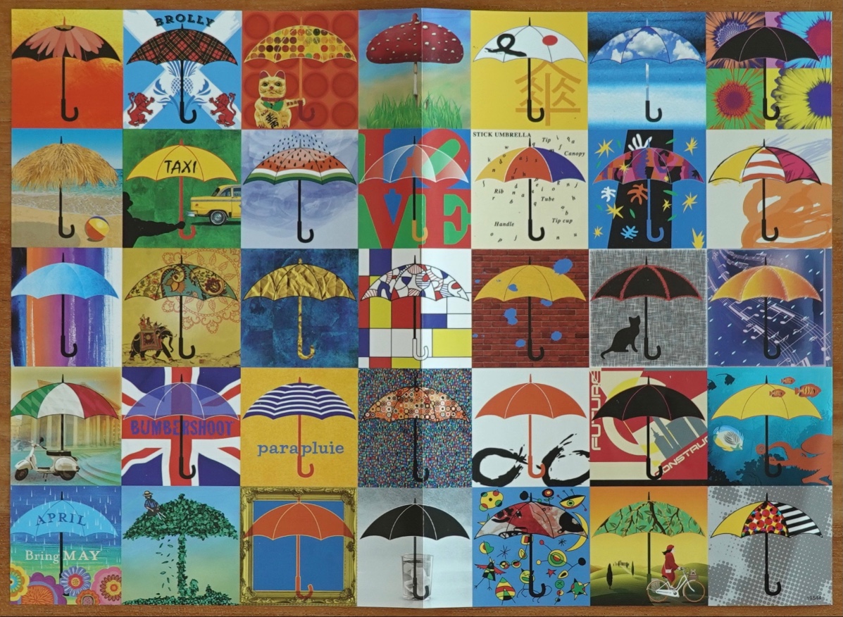 A grid of 42 diverse square panels, each featuring a unique umbrella design with varied colors, textures, and themes.