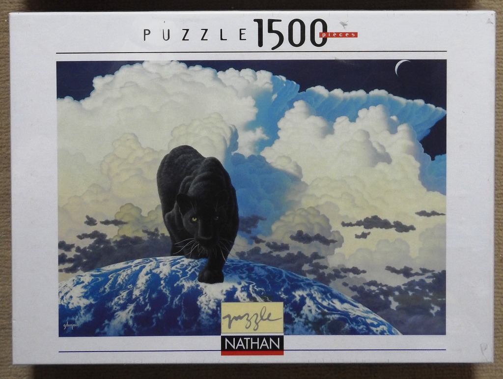 A black panther walking on the globe of the Earth set against a background of massive, towering cumulus clouds.