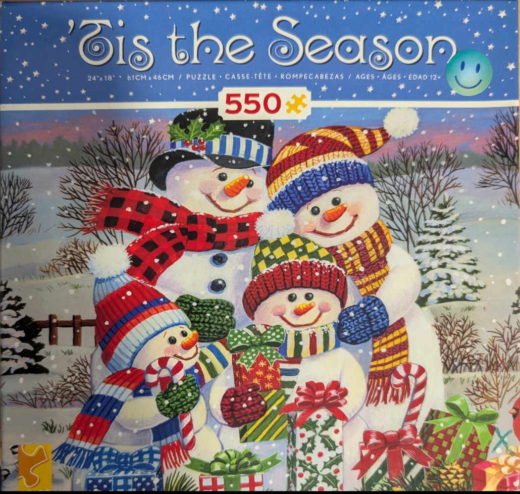 A festive illustration of a family of four snowmen holding Christmas gifts in a snowy landscape.