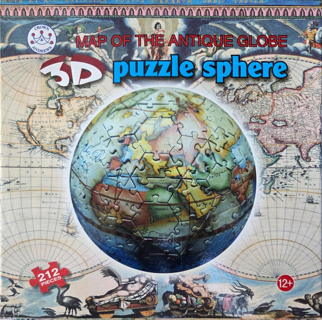 A vintage-style 3D globe depicting a historical map of Europe, Africa, and Asia surrounded by mythological illustrations.