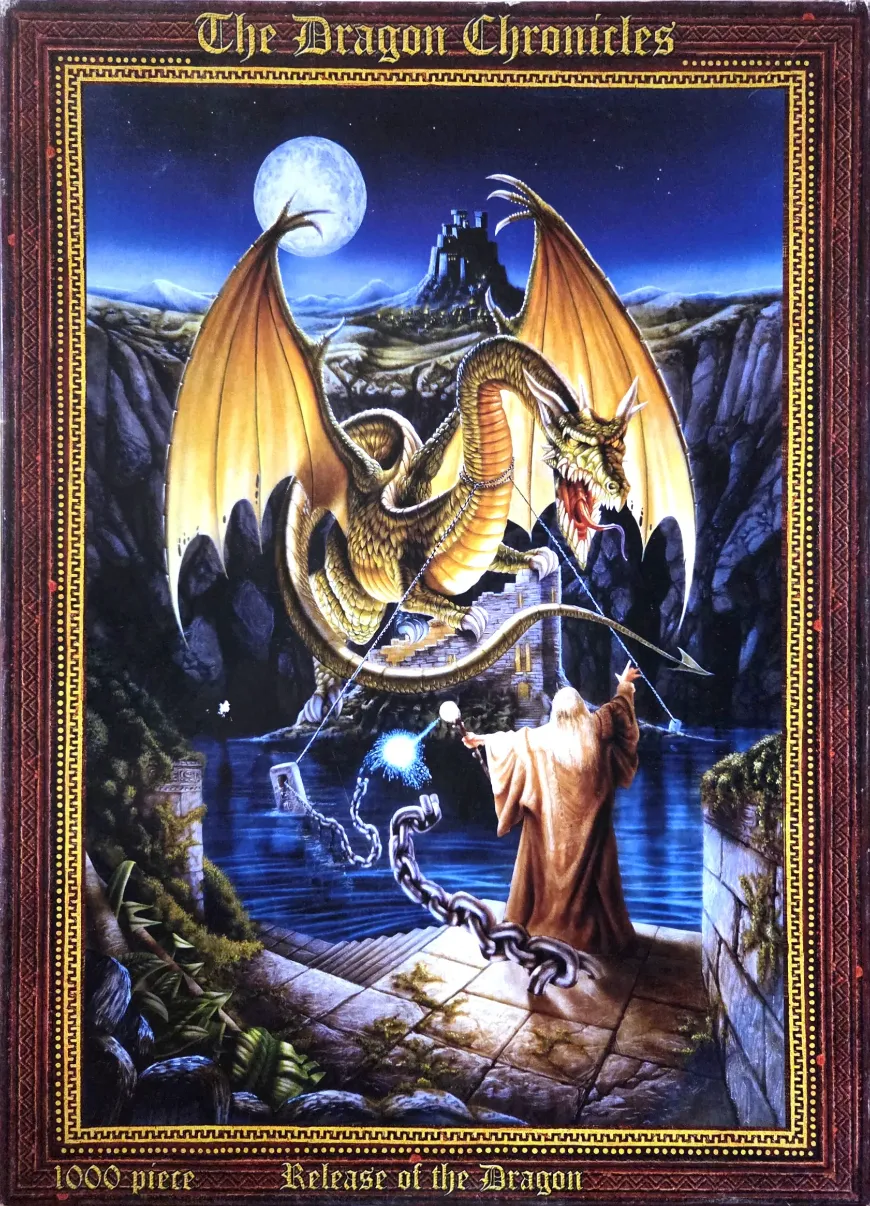 A fantasy illustration of a wizard releasing a dragon from magical chains under a full moon.