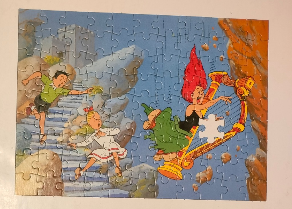 Cartoon illustration of a boy and girl running away from a woman playing a harp in a rocky mountain setting.