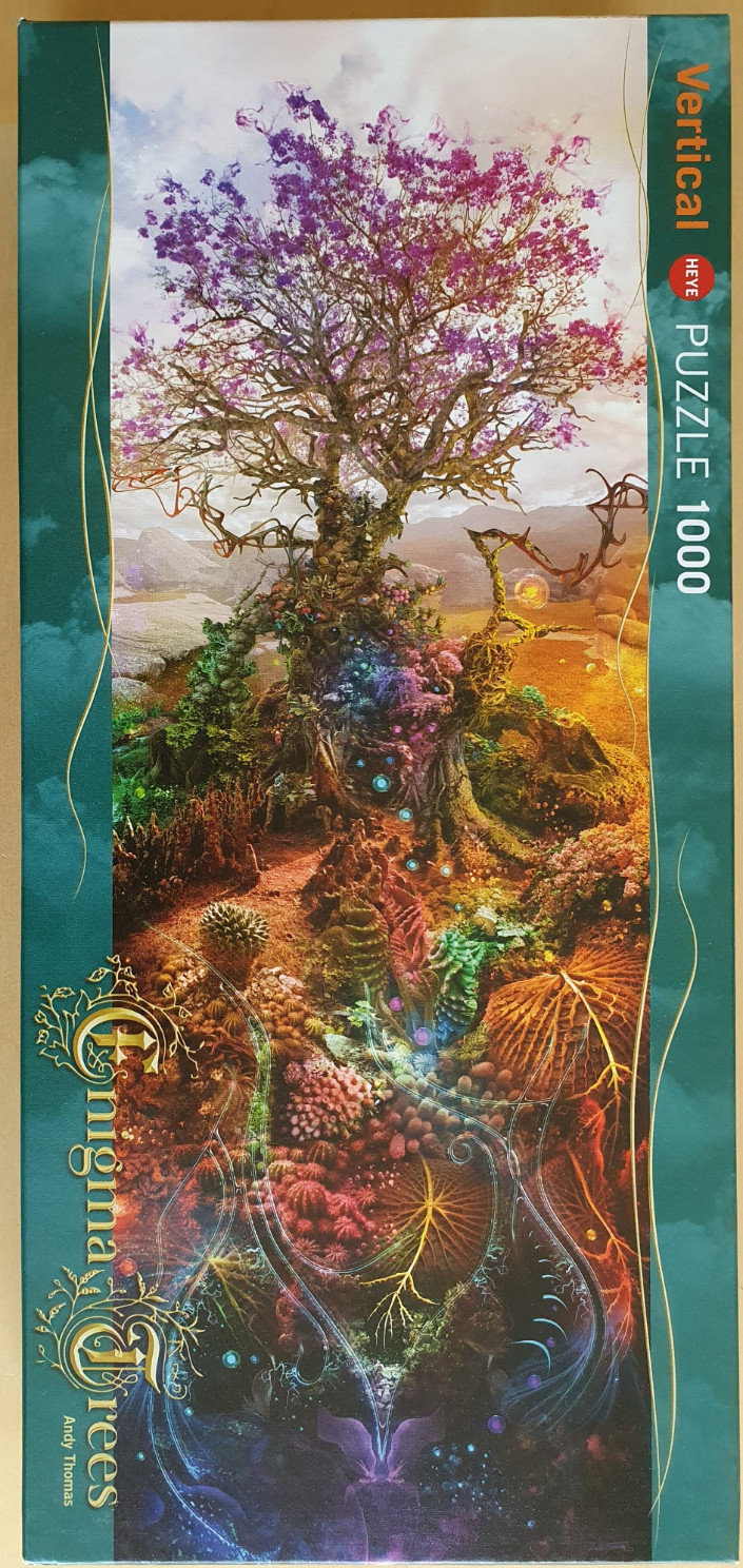 A fantasy illustration of a glowing, magical tree with purple blossoms standing in a vibrant, alien landscape.
