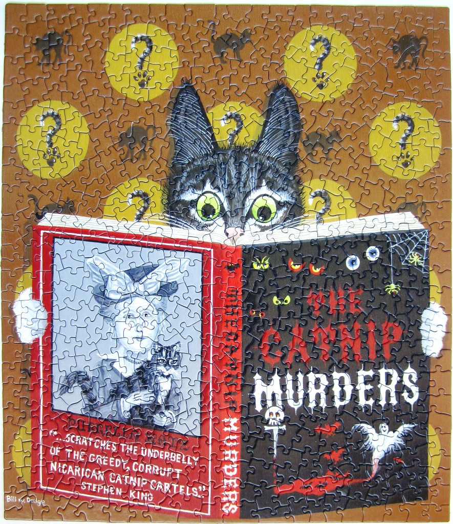 Illustration of a curious cat reading a book titled The Catnip Murders