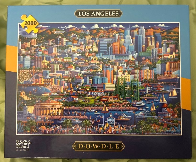 An illustration of the Los Angeles cityscape featuring a mix of skyscrapers, beaches, bridges, and harbor activities.