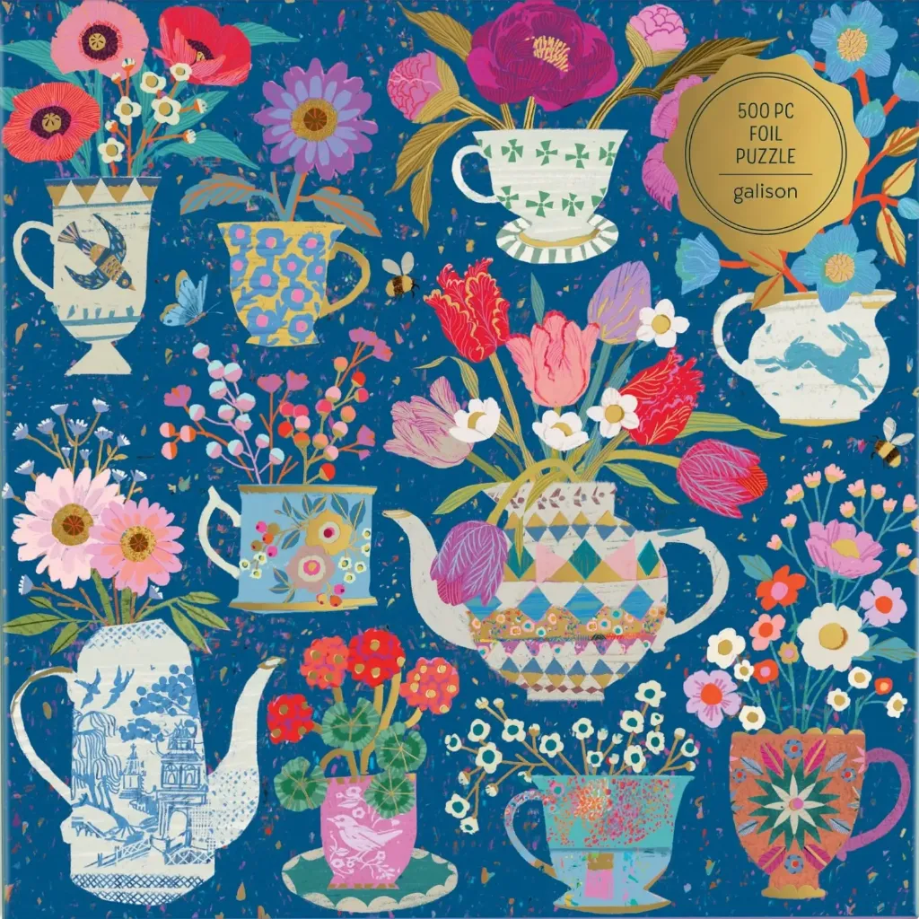 An illustration of various floral-filled teacups and teapots scattered against a dark blue background.