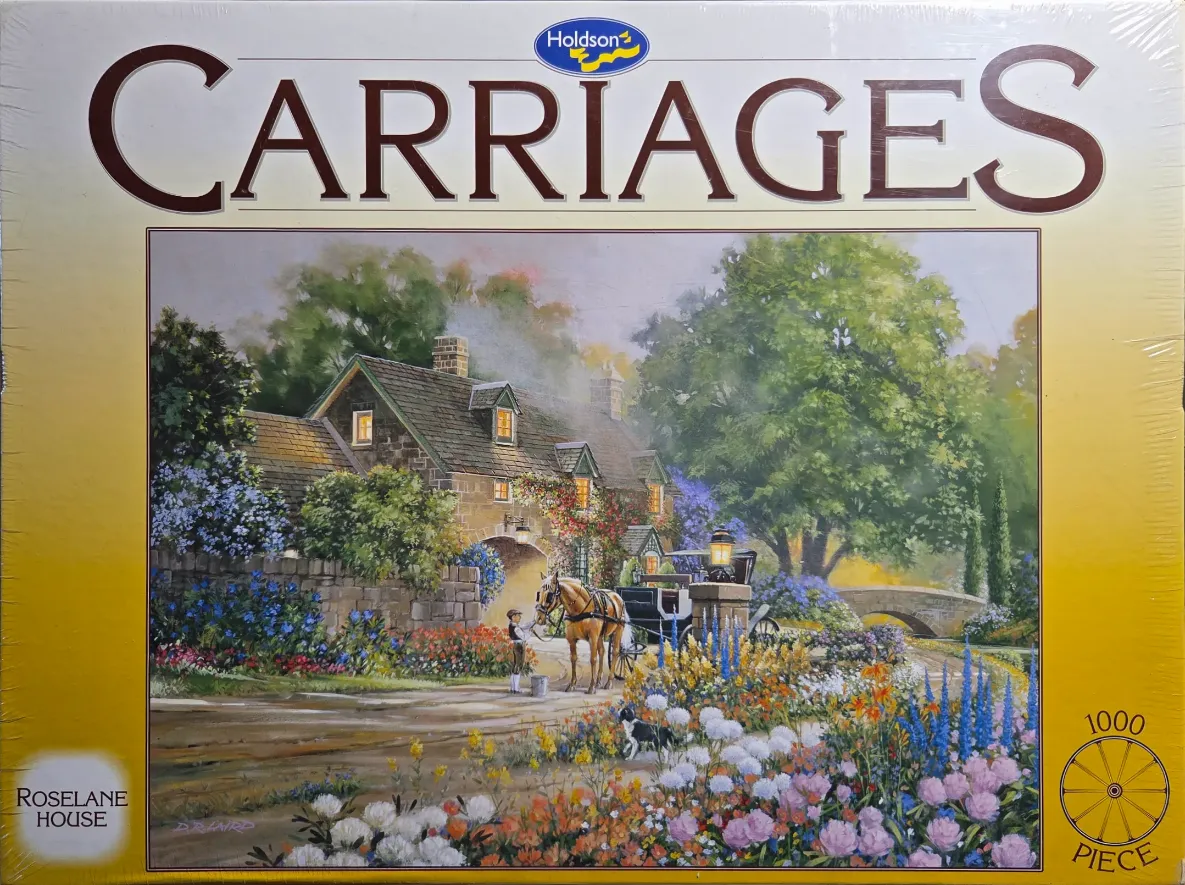 A horse-drawn carriage sits in front of a stone cottage surrounded by colorful gardens.