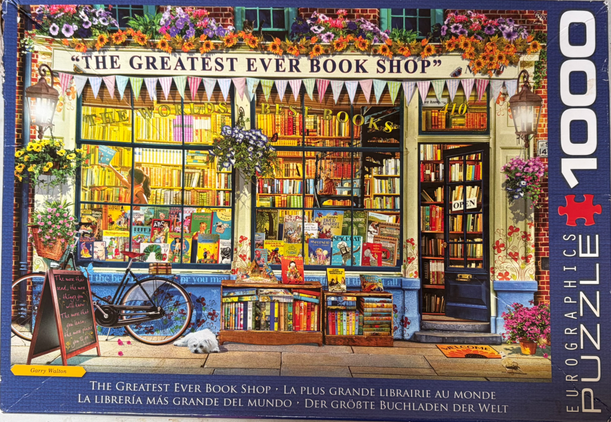 A charming, detailed illustration of an old-fashioned bookshop exterior filled with books and floral decorations.