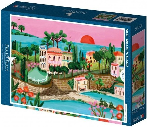 Stylized painting of a Mediterranean coastal villa at sunset
