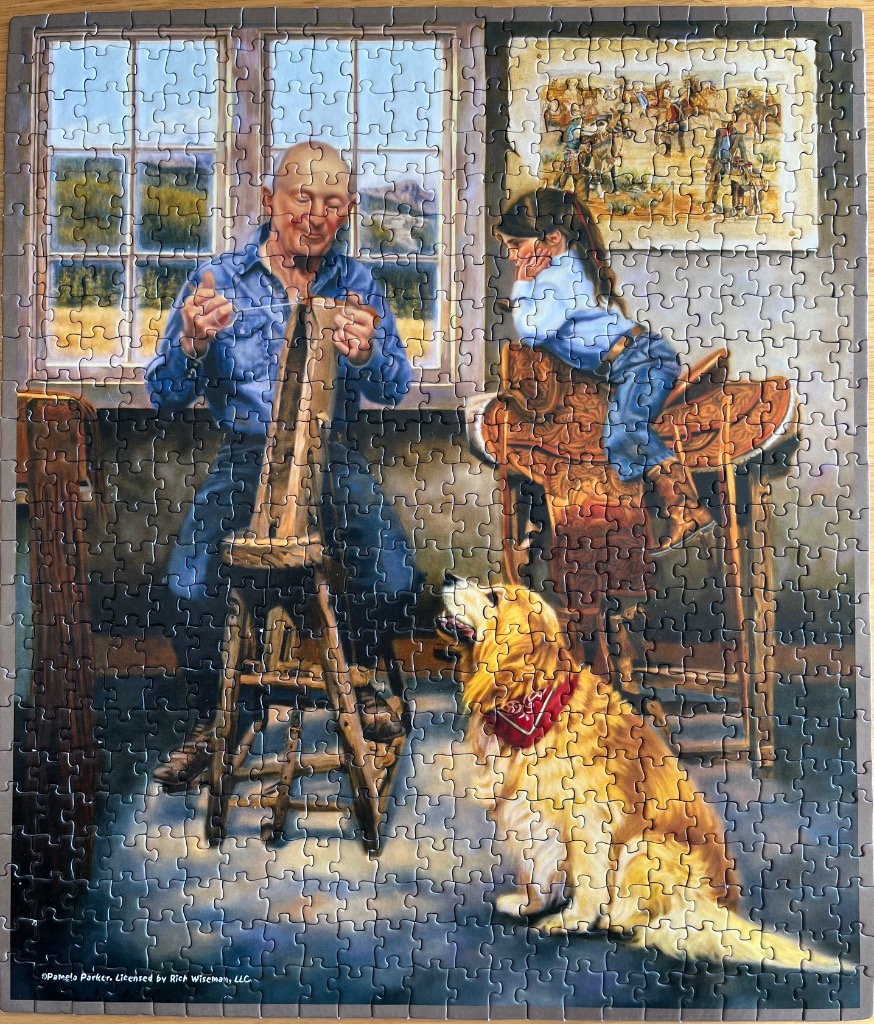 An elderly man mending leather in a workshop with a young girl sitting on a saddle nearby and a golden dog watching.