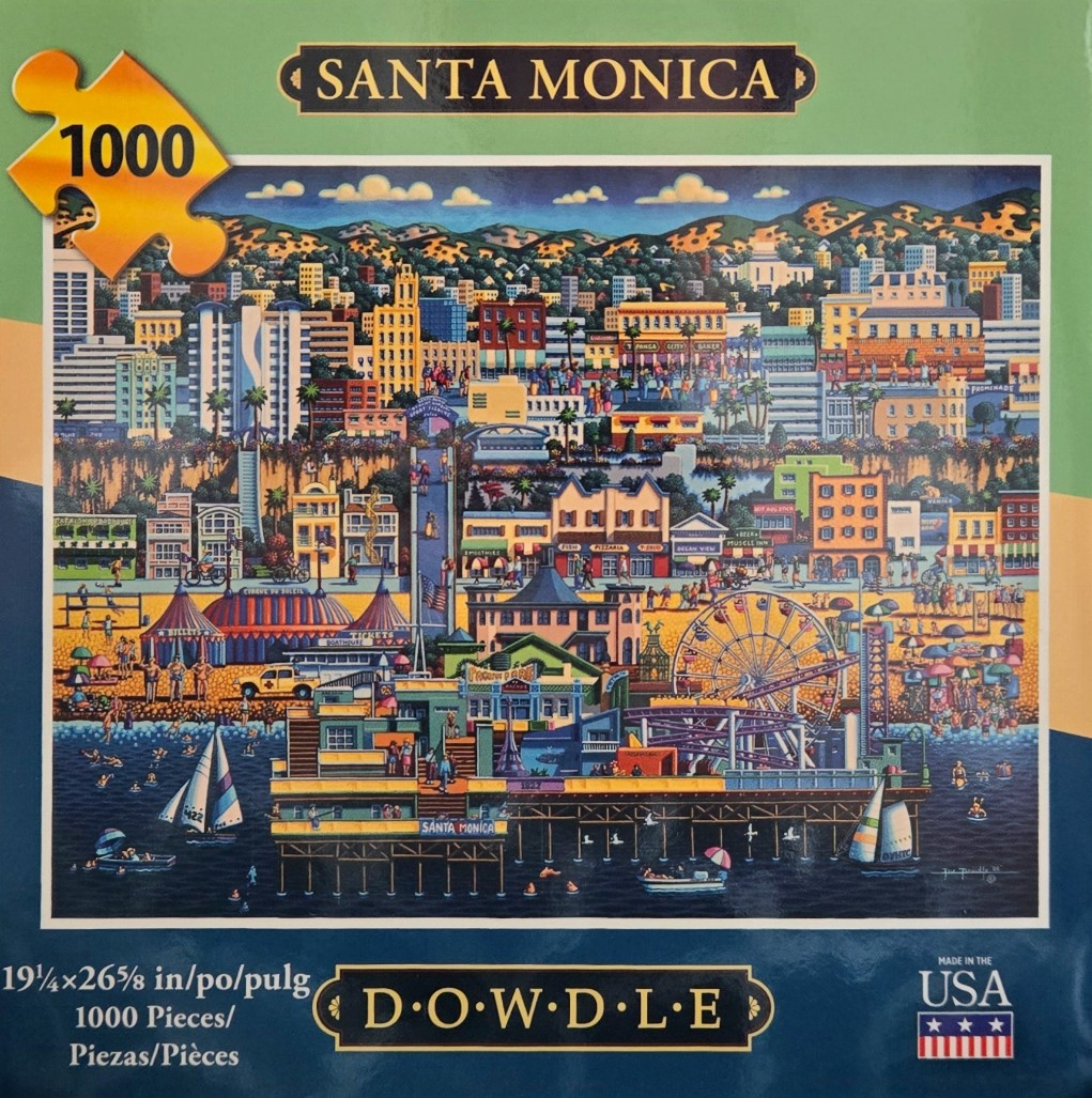 Folk art painting of the Santa Monica Pier and coastline with a bustling city background under a twilight sky.
