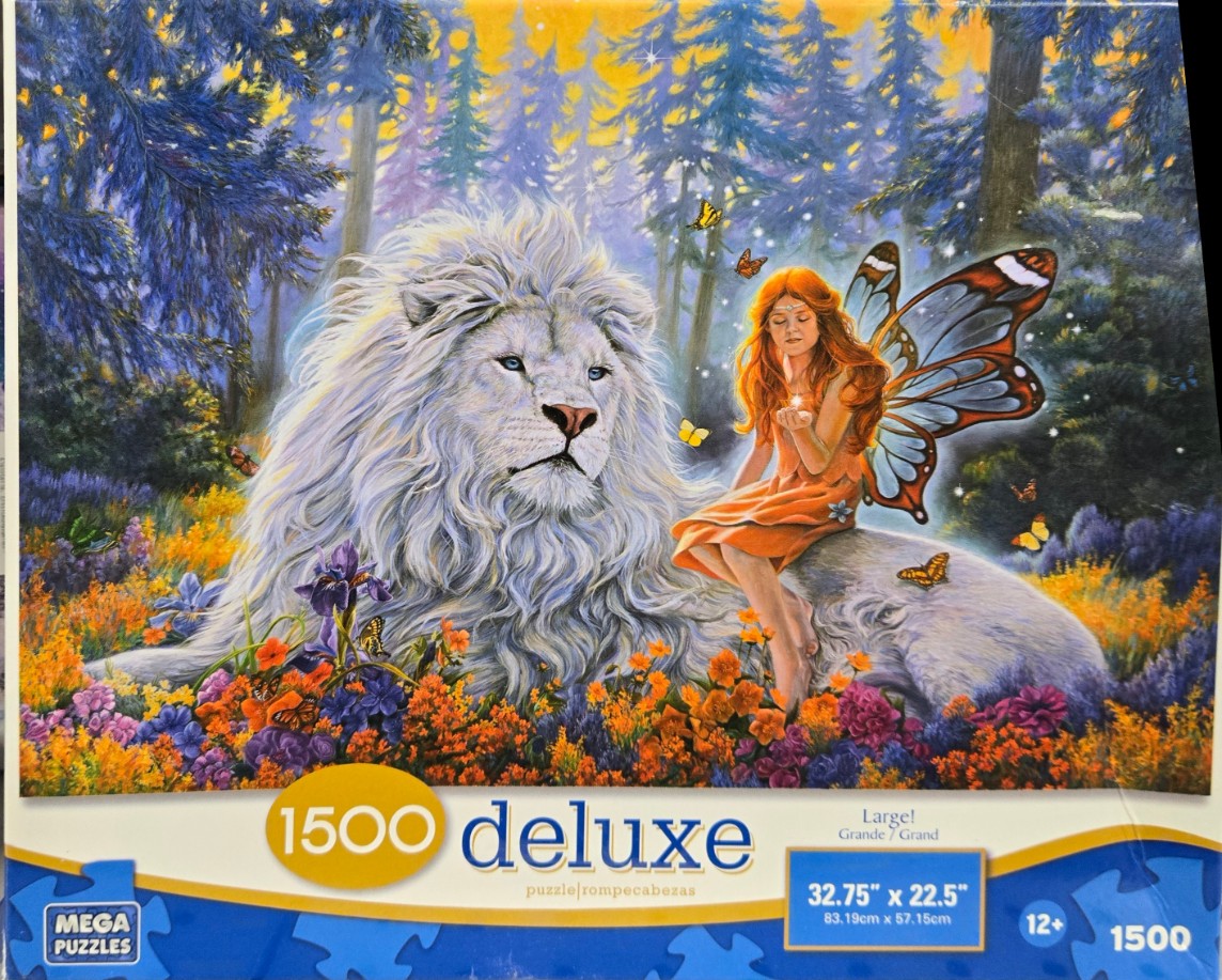 A fantasy illustration of a fairy with butterfly wings sitting on a large white lion in a colorful forest.