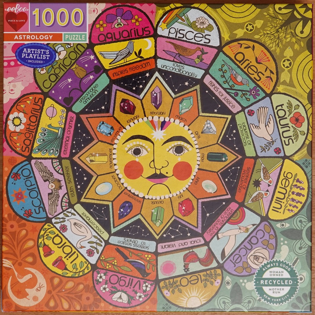 Circular illustration of the twelve zodiac signs arranged as a colorful sun-centered mandala.
