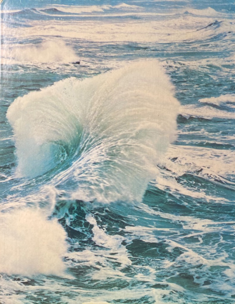 A powerful ocean wave crashing and breaking into sea foam in the middle of a choppy, turquoise sea.