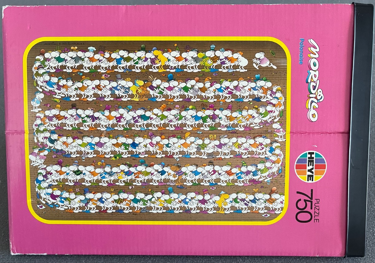 Cartoon illustration of many small white bulbous characters in a winding conga line on a wood-grain background.