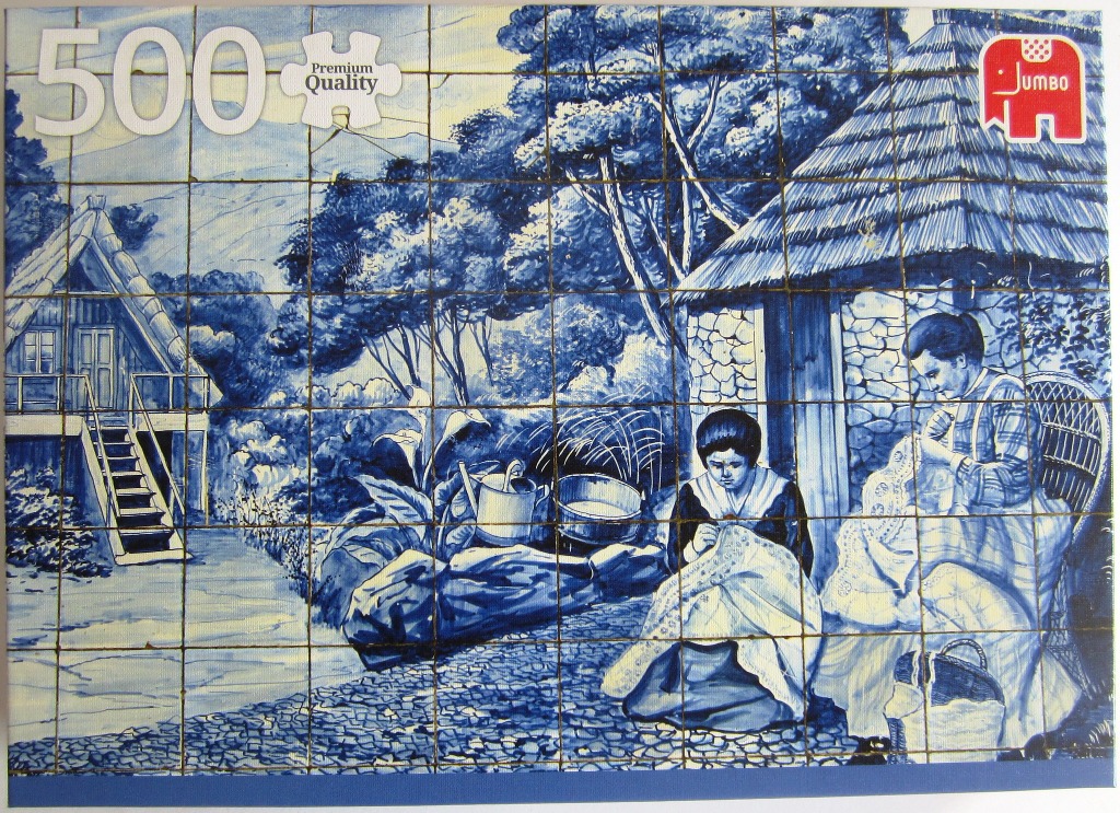 Blue and white ceramic-style tile illustration of two women sewing in a garden.