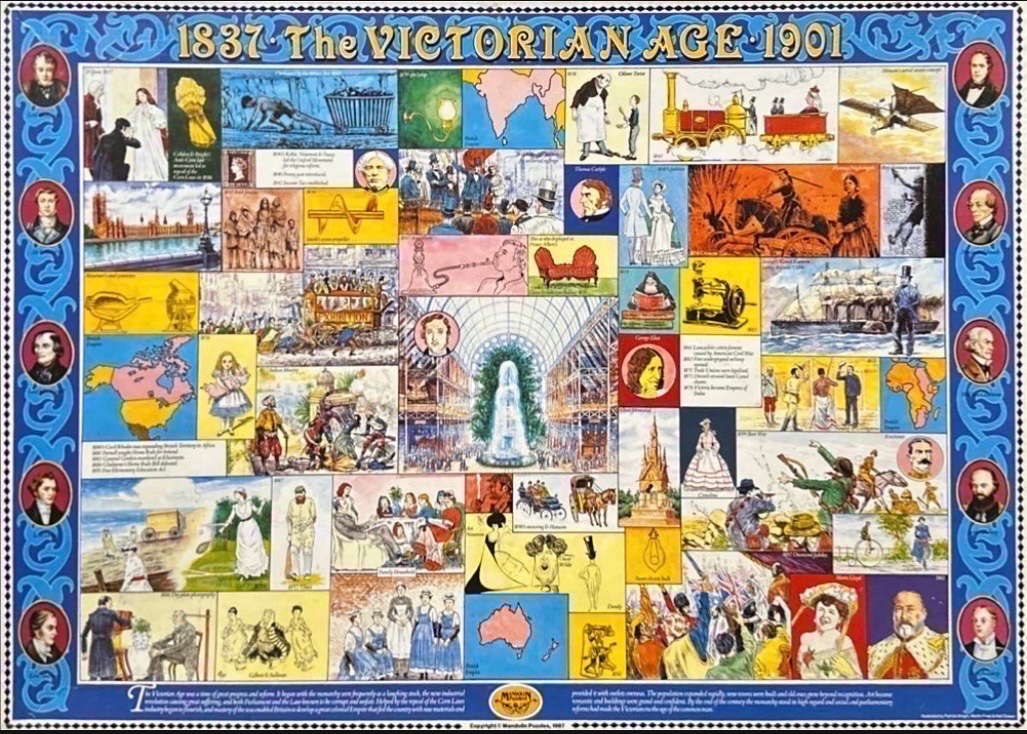 A collage of historical illustrations depicting key events, figures, and inventions from the Victorian Era.