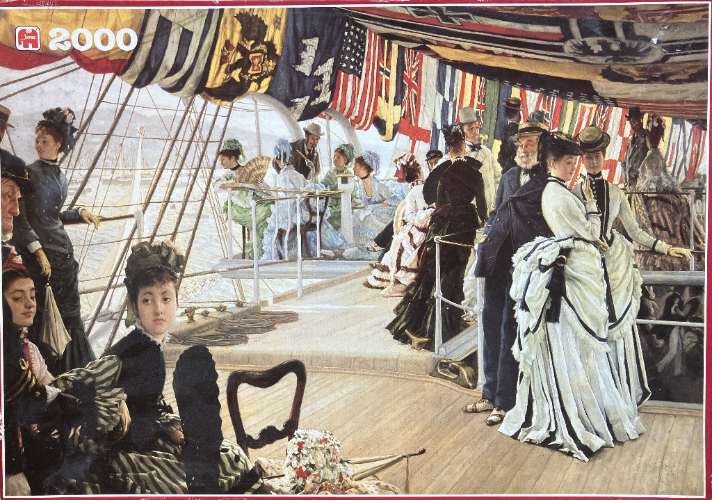 Victorian-era social scene on the deck of a luxury ship decorated with international flags.