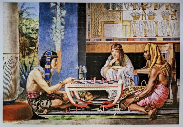 A painting of three people playing an ancient board game in an Egyptian-style room.