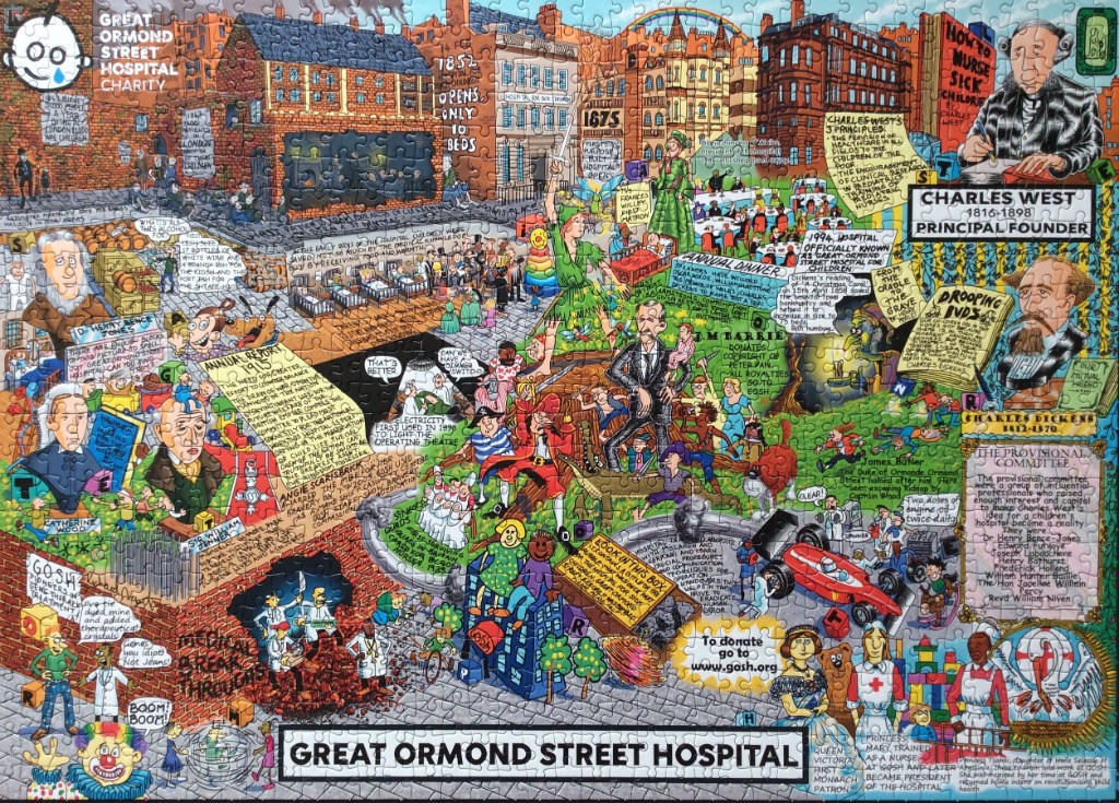 A cartoon-style collage depicting the history and figures of Great Ormond Street Hospital.