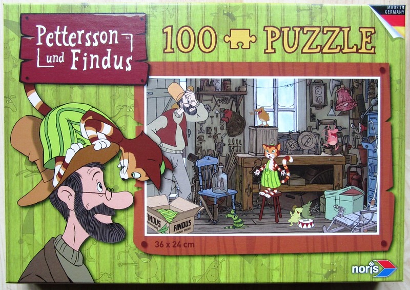 Illustration of an elderly man with a beard and his cat Findus in a cluttered workshop.