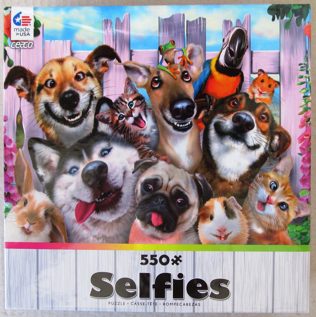 A cartoon-style group selfie of various pets including dogs, cats, a hamster, a guinea pig, a rabbit, a parrot, and a frog.