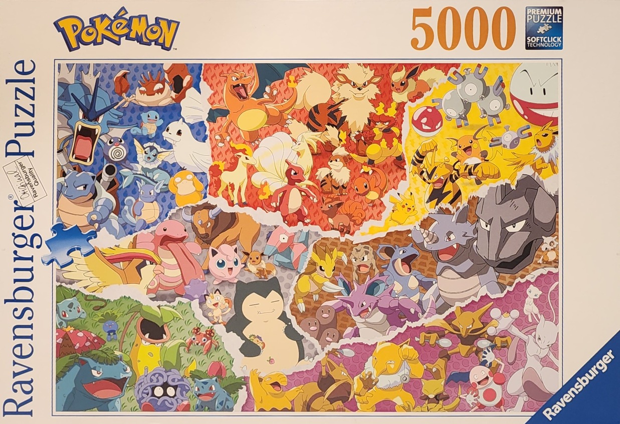 A montage of dozens of colourful Pokemon characters set against torn-paper style backgrounds of various colours.