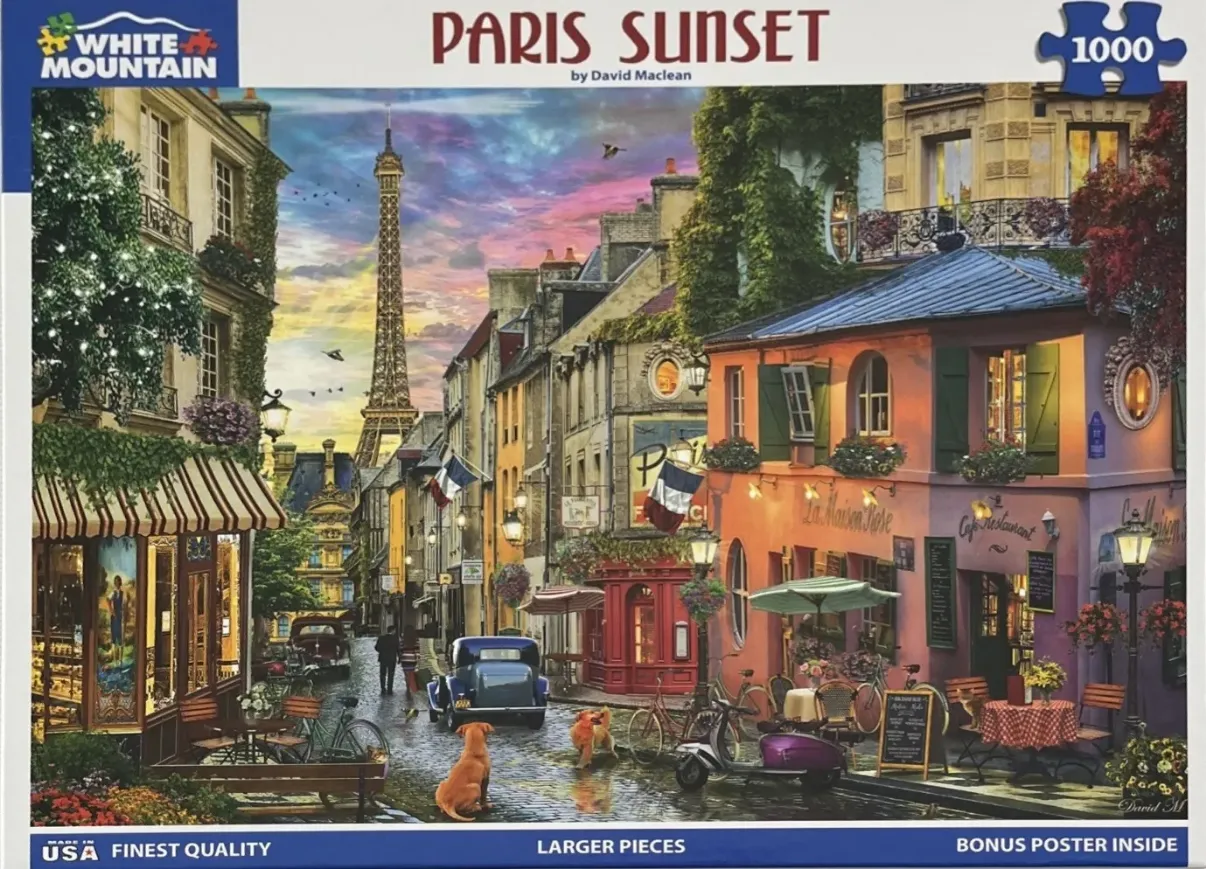 A street scene in Paris at sunset featuring the Eiffel Tower in the background, a vintage car, and a charming cafe.