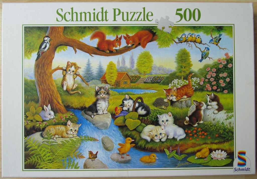 A whimsical illustration of many small animals, including kittens, rabbits, squirrels, and birds, in a sunny woodland.