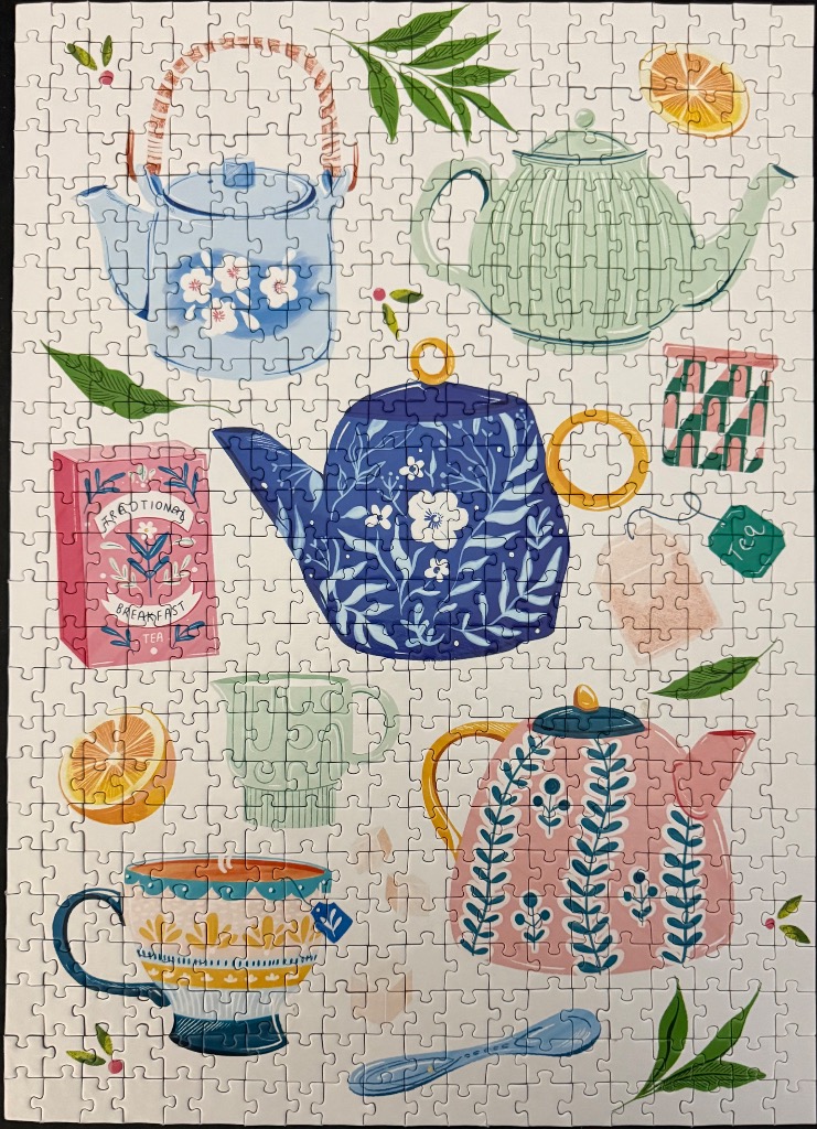 A whimsical illustration of teapots, cups, tea boxes, and tea leaves on a cream background.