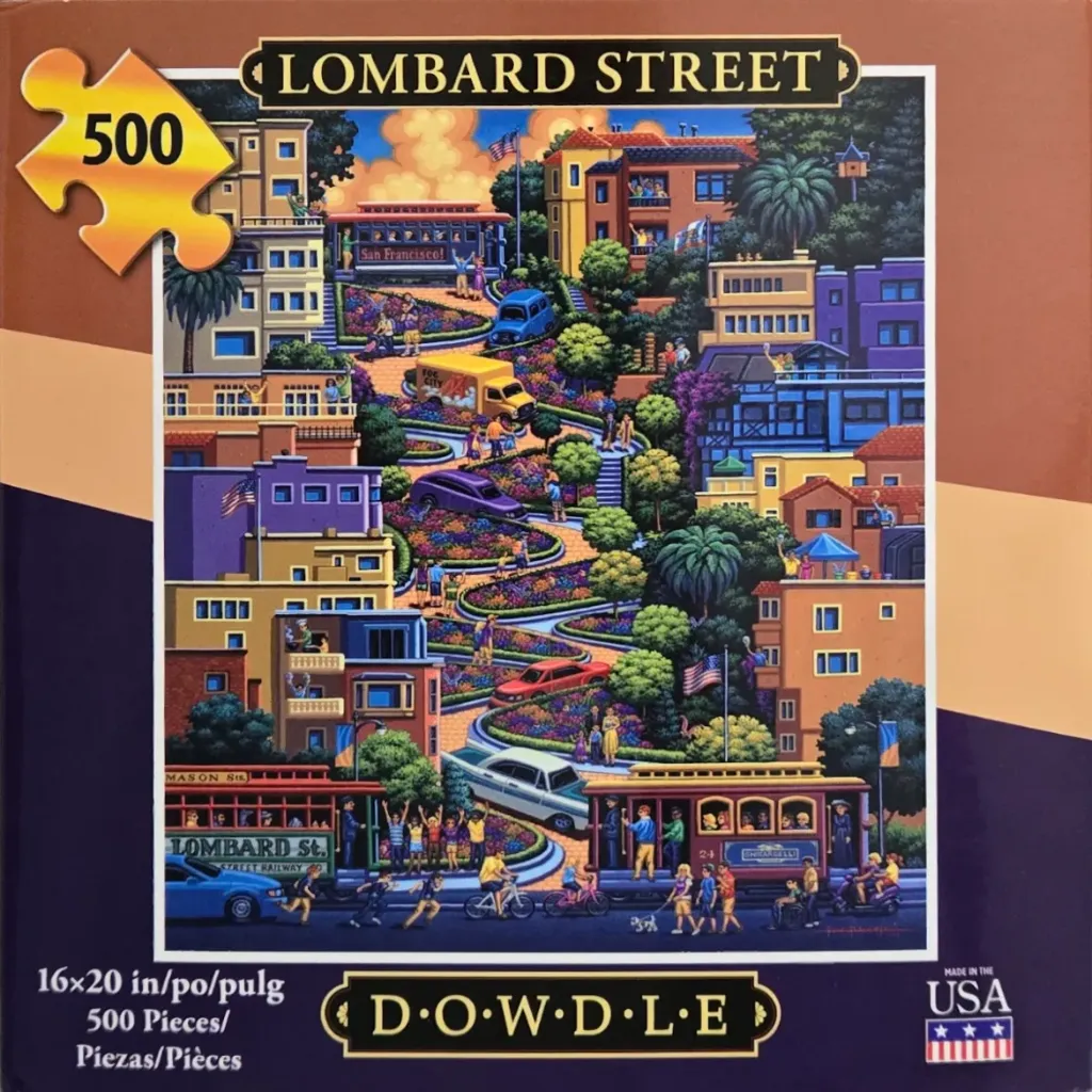 Folk art illustration of San Francisco's Lombard Street with cable cars, winding roads, and colorful houses.