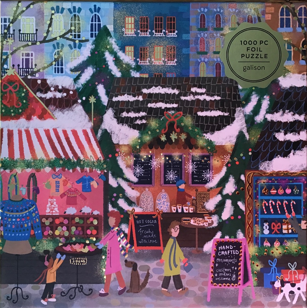 Illustrated festive winter scene of a holiday market featuring stalls selling clothing, cocoa, and ornaments.