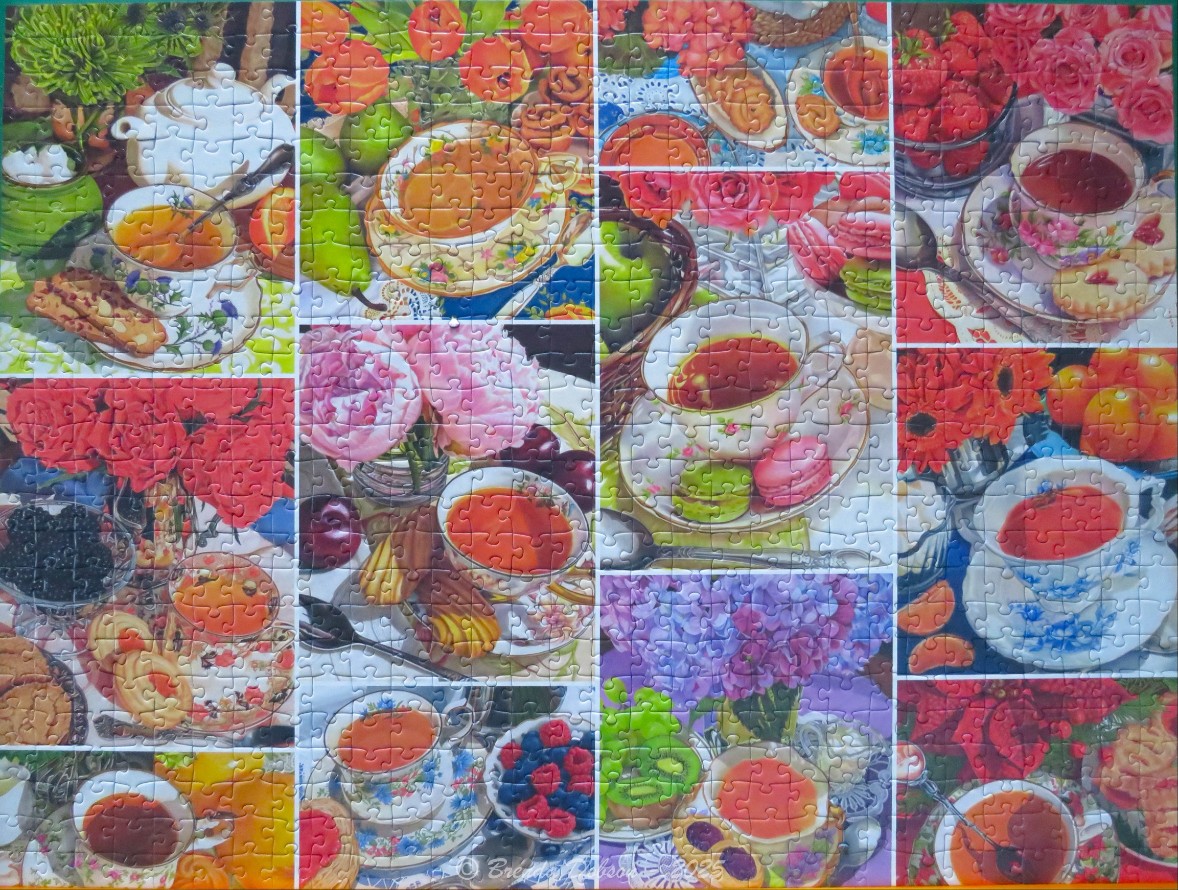 A collage of tea and treats, featuring floral arrangements, cups of tea, and assorted fruits and pastries.