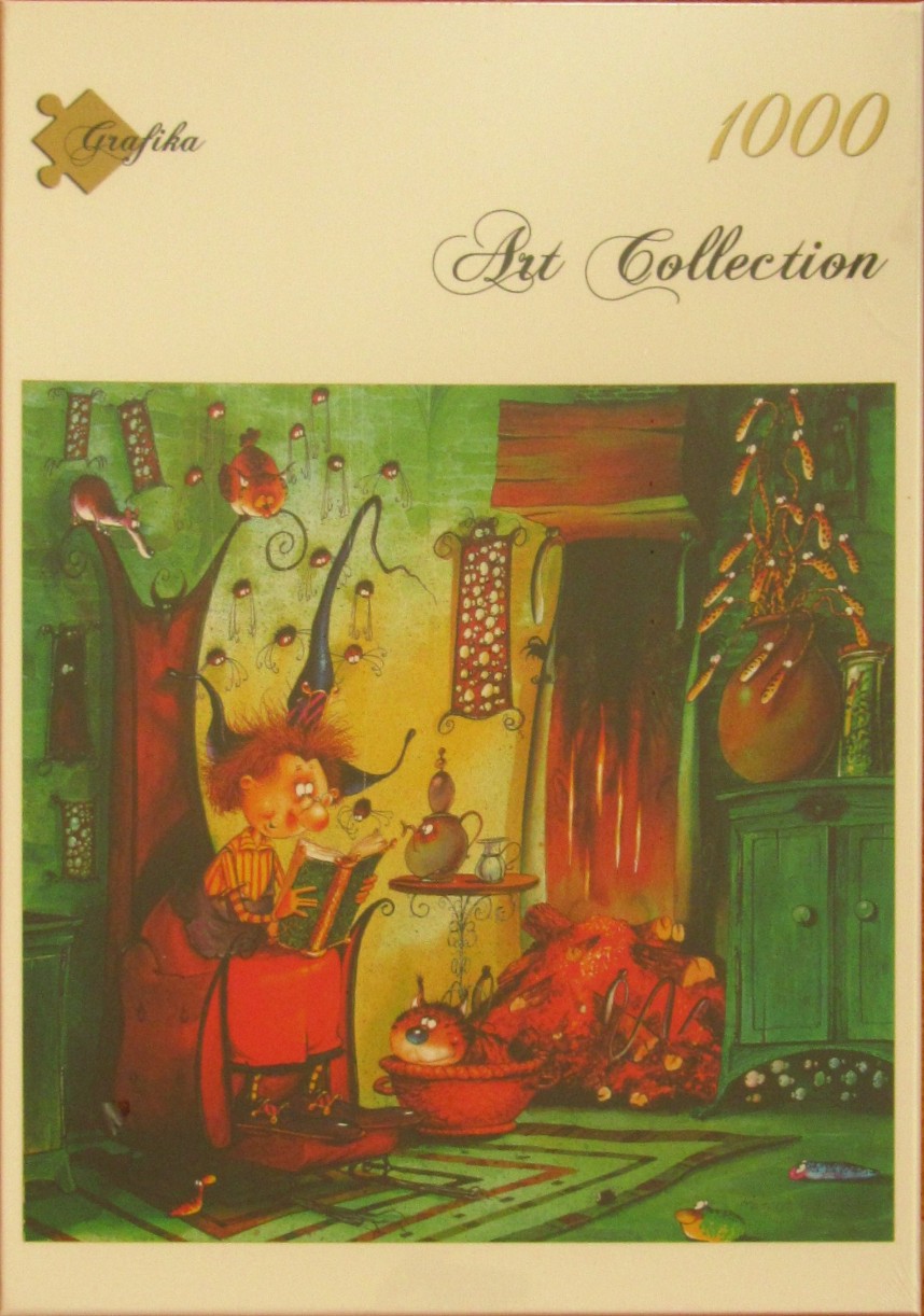 Cartoon illustration of a witch with frizzy red hair reading a book in a cozy, green-toned room with a warm fireplace.
