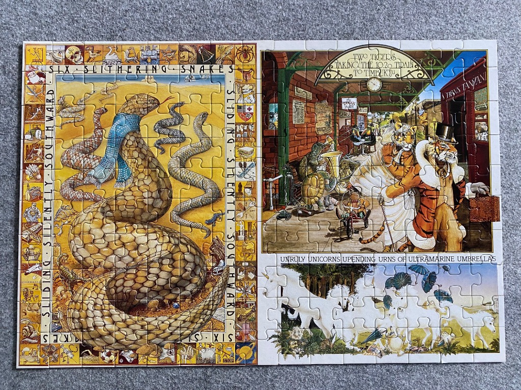 Three whimsical illustrations featuring snakes, tigers at a train station, and unicorns, with alliterative text.