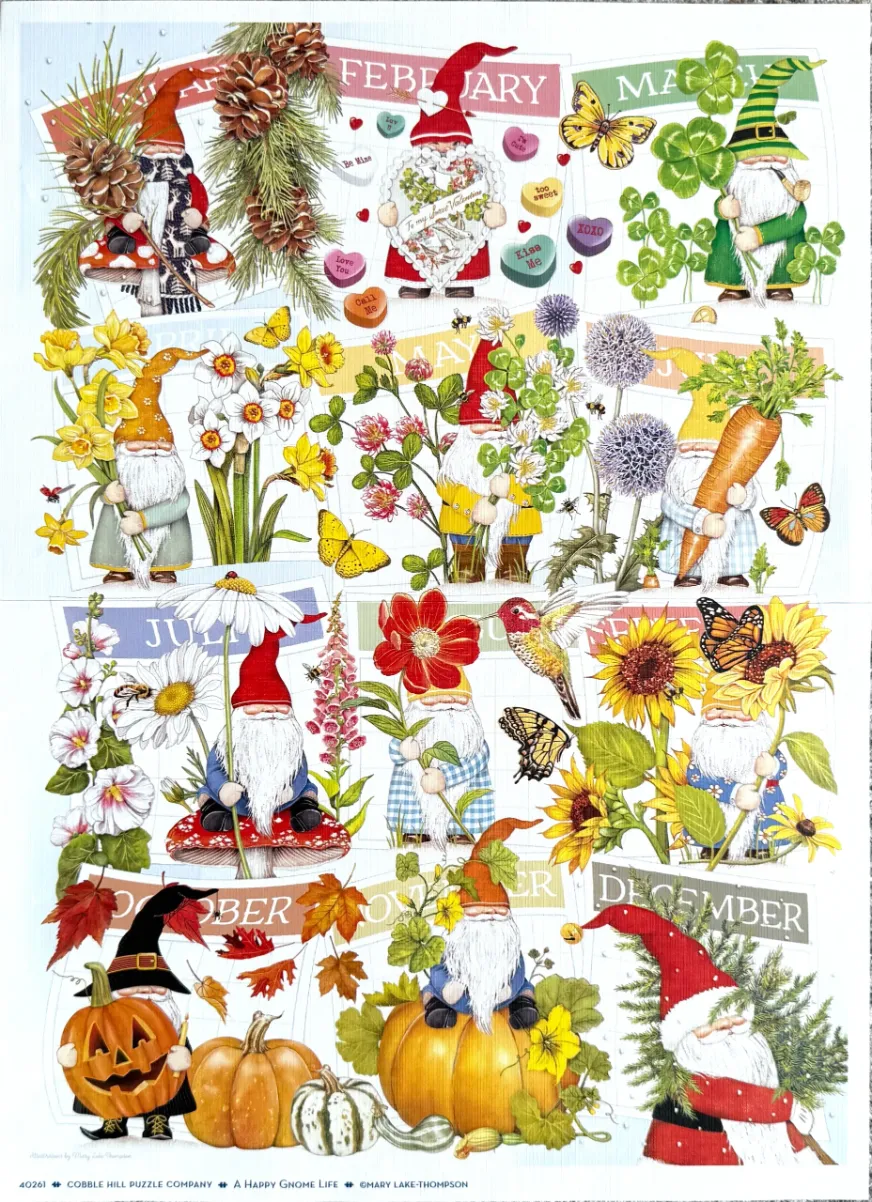 A calendar-style collage featuring whimsical garden gnomes representing each month of the year.