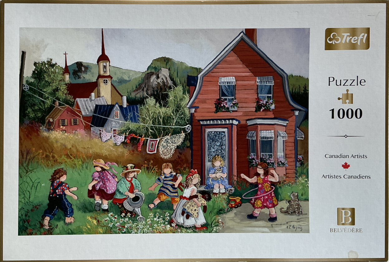 A folk art painting of children playing in front of a red house with a church and mountains in the background.