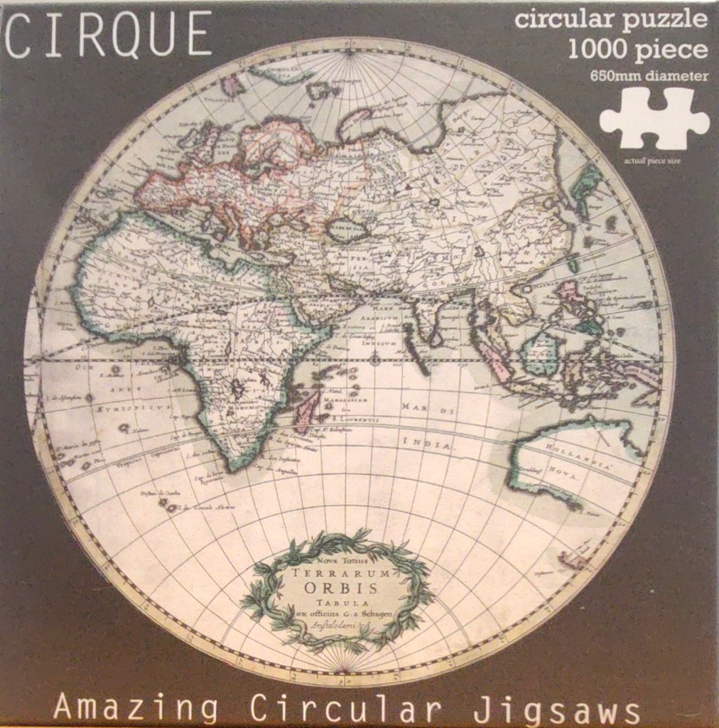 A circular antique map showing the Eastern Hemisphere, featuring vintage cartography of Europe, Africa, and Asia.