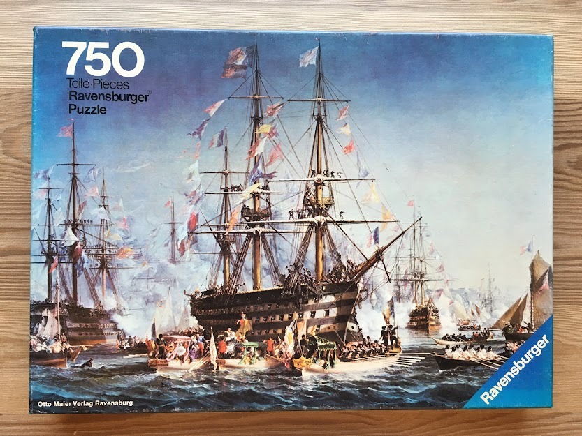 An oil painting of a 19th-century naval fleet with a central warship decorated with signal flags.