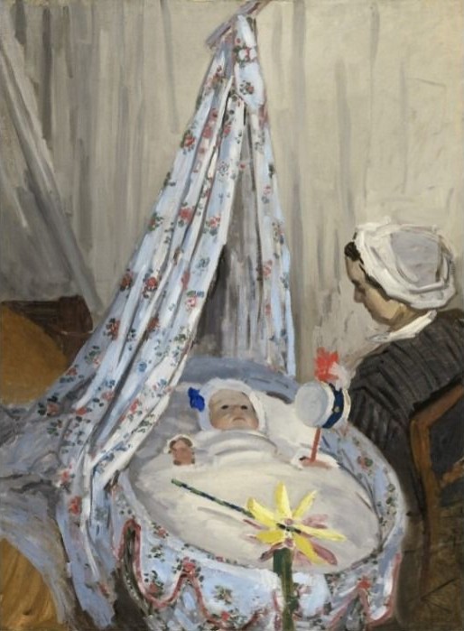 A painting of a woman in a white cap sitting beside an infant in a flowered bassinet.