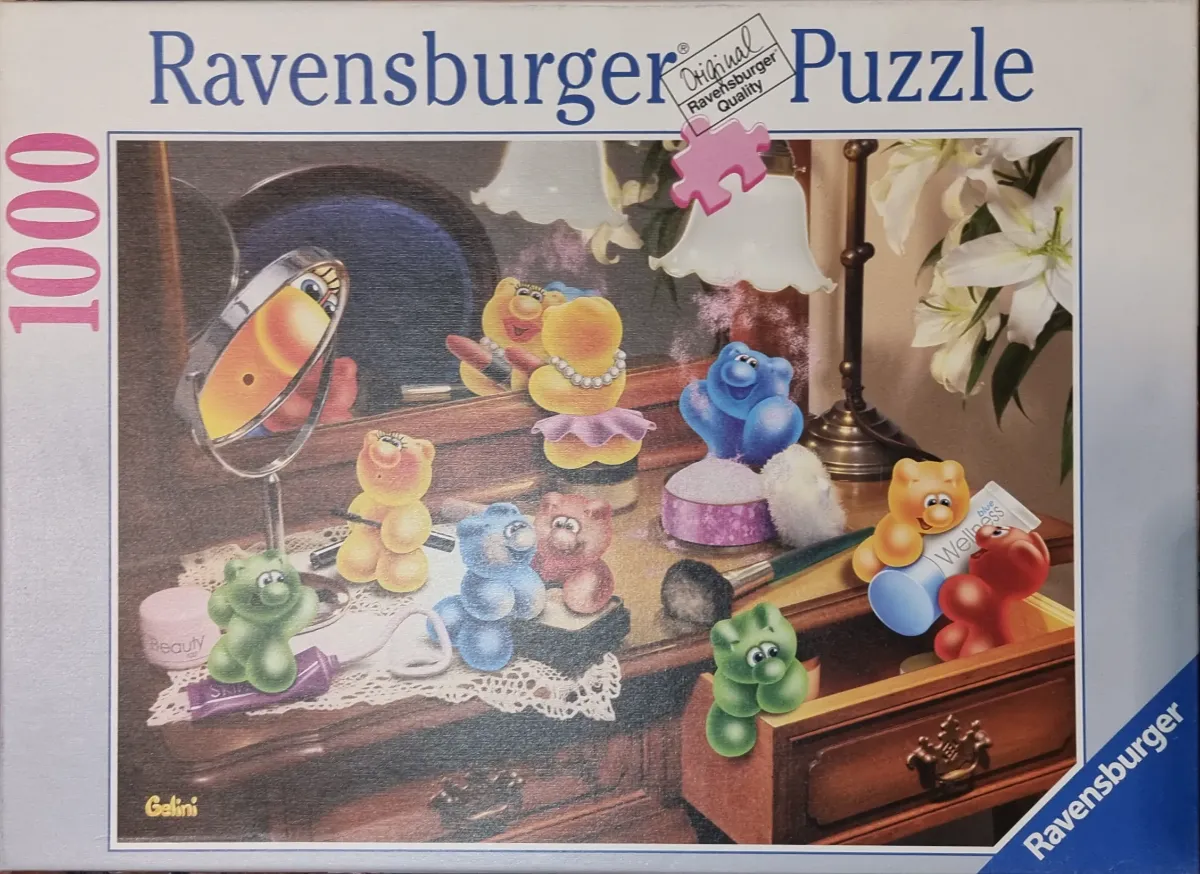 A vanity table scene populated by colorful, anthropomorphic gummy bears applying cosmetics.