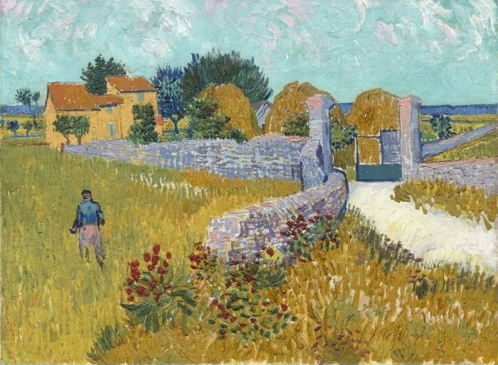 Impressionist oil painting of a farmstead with a stone wall, haystacks, and a lone figure in a golden field.