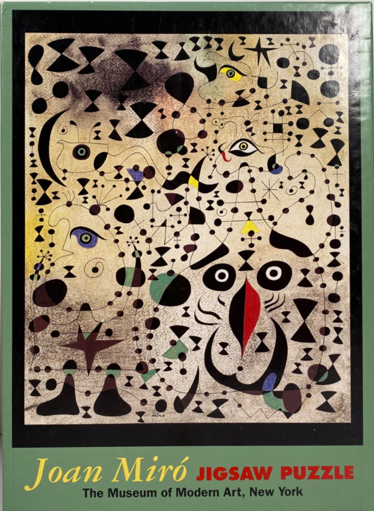 Surrealist painting by Joan Miró featuring abstract black shapes, dotted lines, and celestial symbols on a textured backgroun