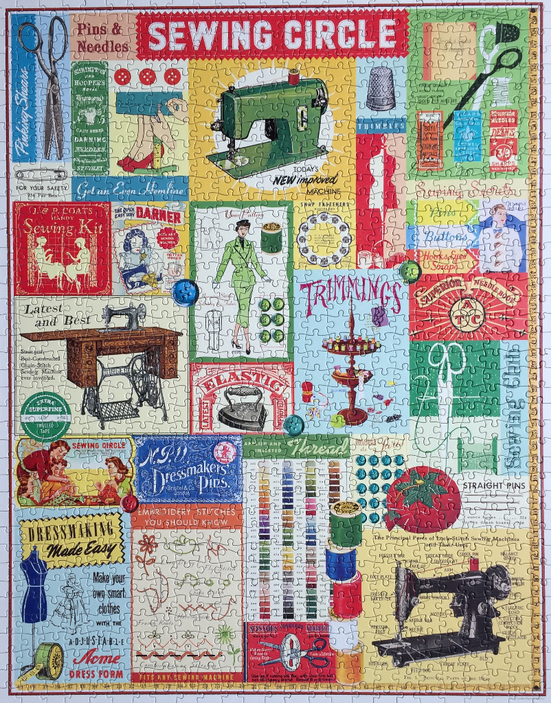 Collage of vintage sewing themed advertisements and illustrations.