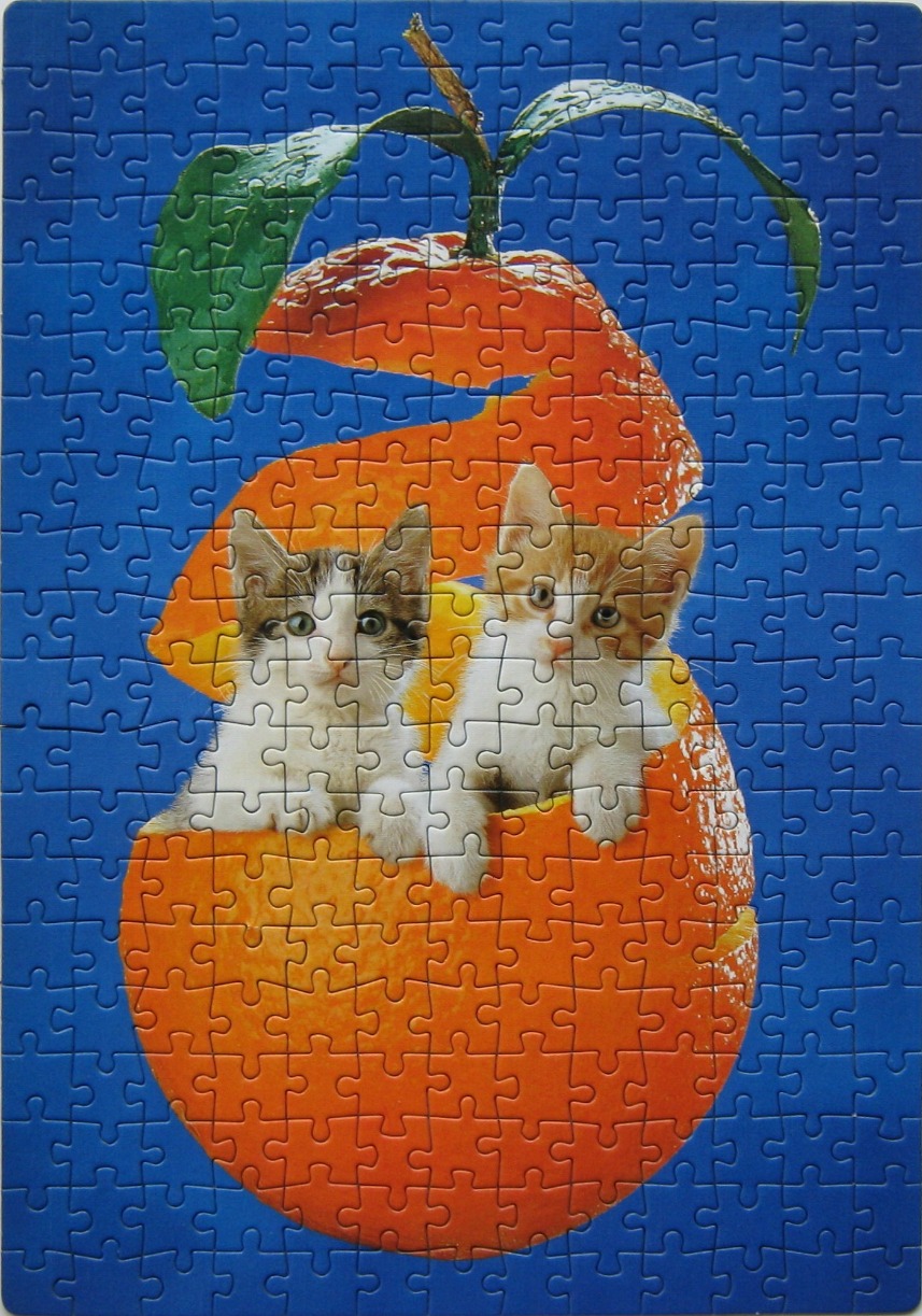 Two kittens sitting inside a peeled orange against a blue background.