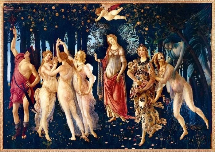 A classical scene depicting the Three Graces, Venus, and other mythological figures in a lush, dark forest.