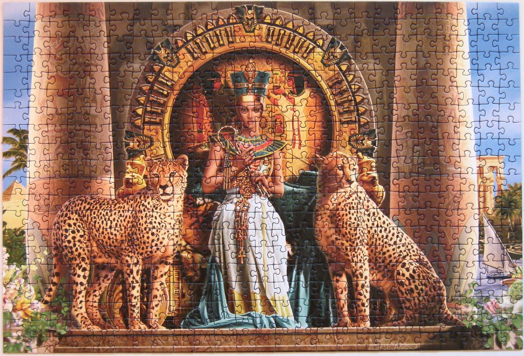 An Egyptian queen sitting between two leopards in front of a golden circular archway with pillars.